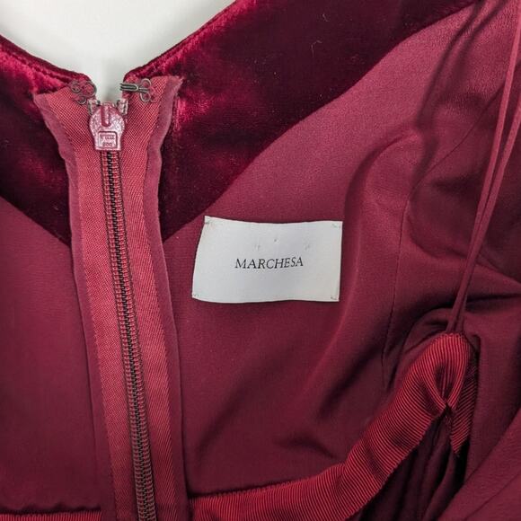 Marchesa Off The Shoulder Floral Appliqued Velvet Gown Burgundy Red Size 10 - Picture 8 of 16